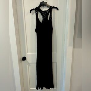 Black cotton knit maxi dress with decorative rhinestone lace razorback.